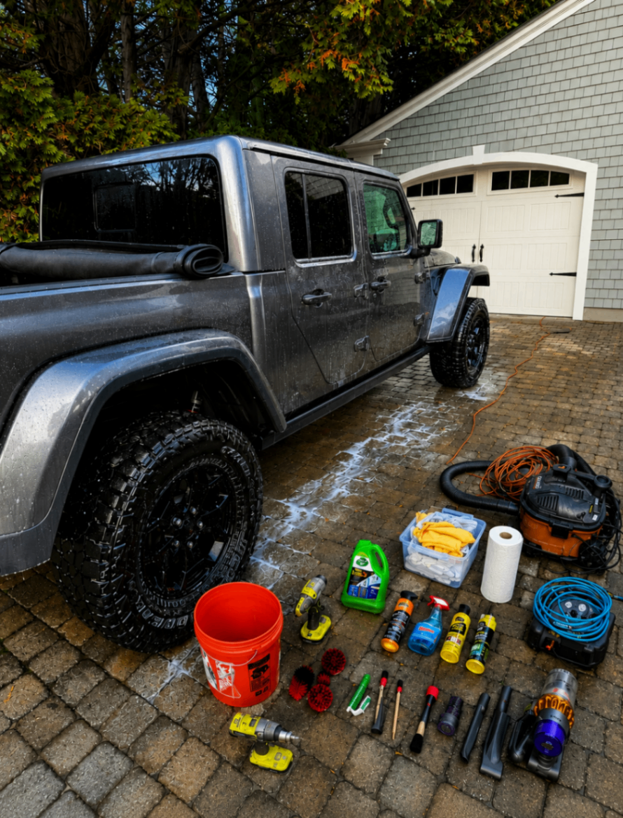 Mid-size pickup with detailing equipment arranged on the driveway.